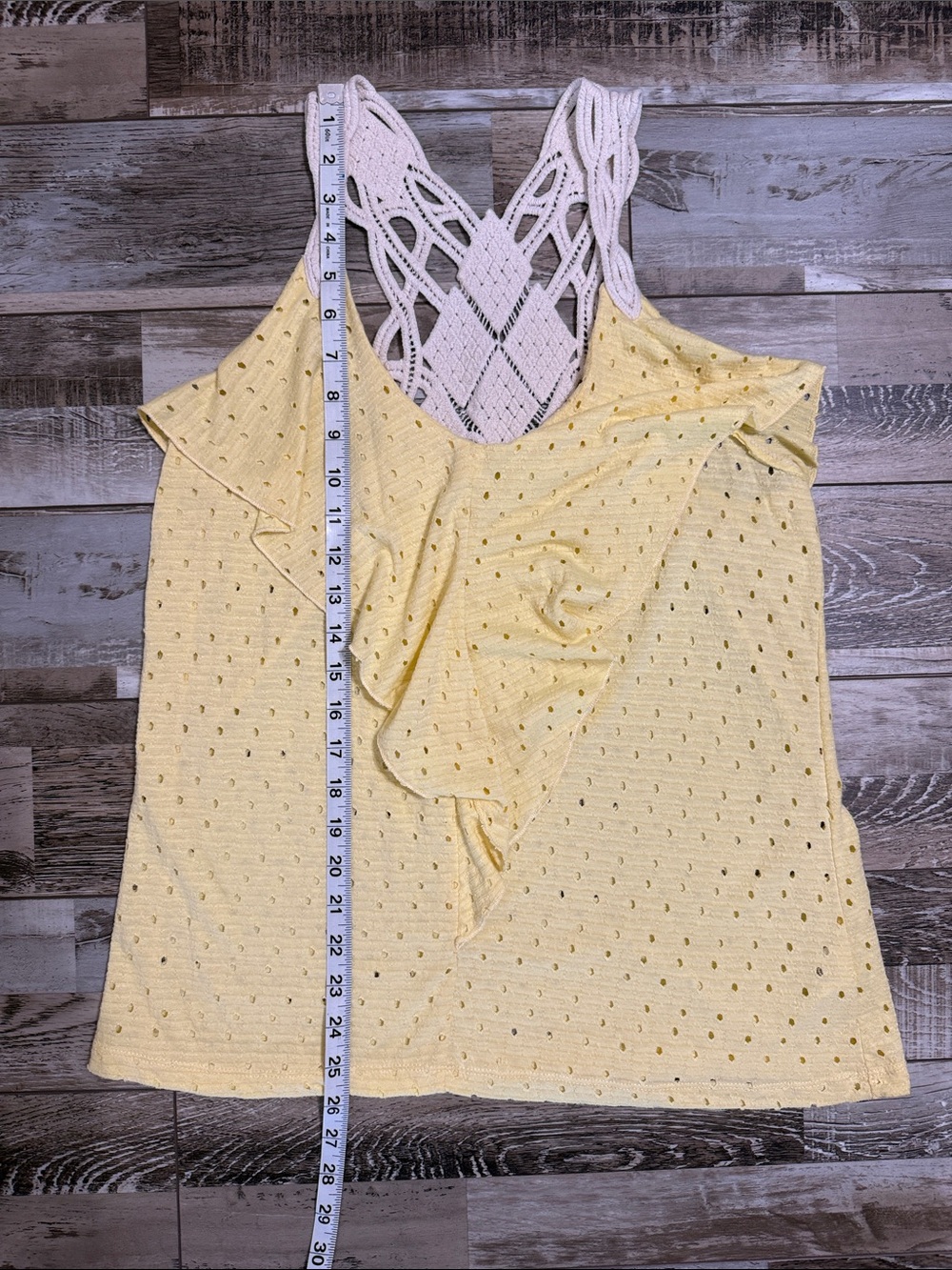 Crochet-Back Ruffle Eyelet Tank Top - Light Yellow - Picture 3 of 6